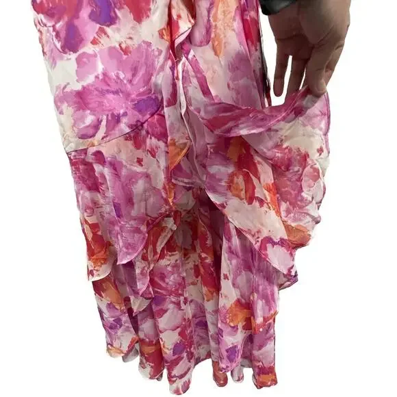Lulus Dress Womens XS Lovable Aura Pink Floral Print Tiered Midi Wrap Dress - Picture 10 of 11